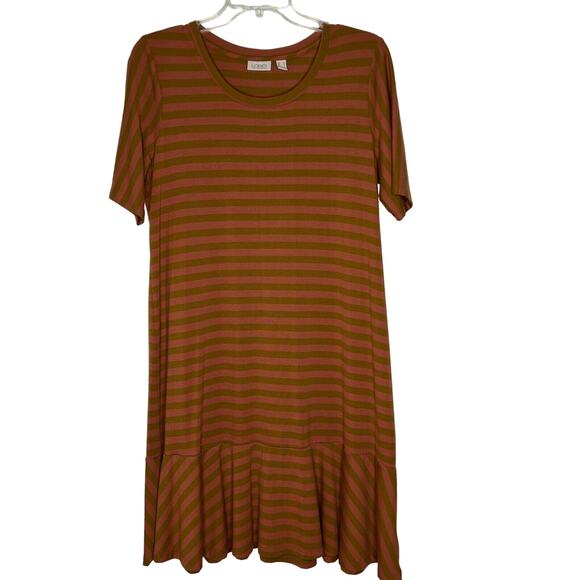 LOGO by Lori Goldstein Pink Orange Striped Drop Waist Dress Size Medium Women's - Picture 1 of 9